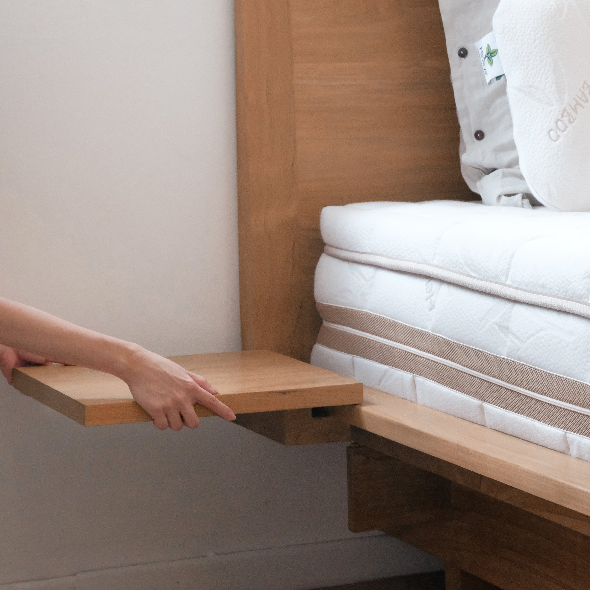 Bed frame with attached side tables sale
